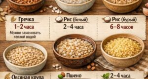 Гречка — 1–2 часа Рис белый — 2–4 часа Рис бурый — 6–8 часов…